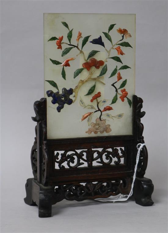 A Chinese miniature jade and hardstone table screen, with wood stand, early 20th century